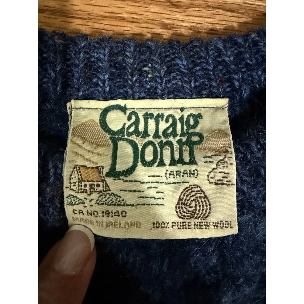 Carraig Donn Aran Sweater Blue 100% Pure New Wool Cable Knit Ireland Fisherman